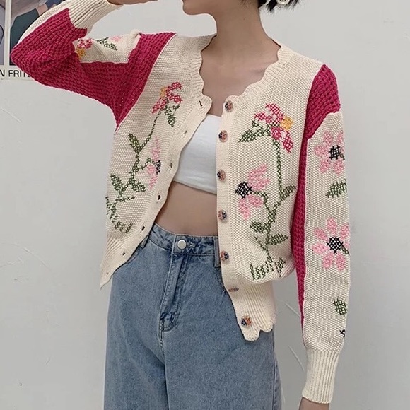 Sweater cardigan crochet knit floral cream pink womens top - Picture 10 of 10